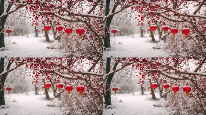 过年氛围红色灯笼积雪新年