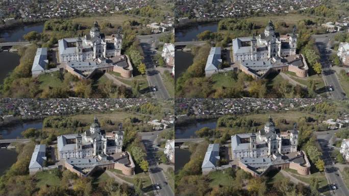 乌克兰日托米尔州历史名城别尔季切夫的裸加尔默罗修道院的空中无人机向下拍摄。