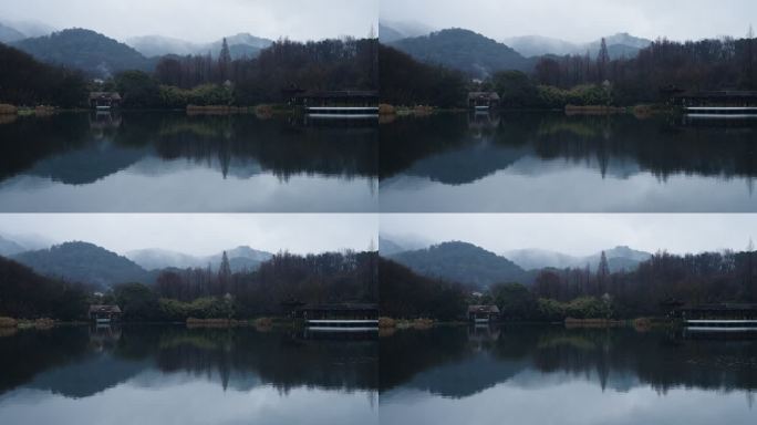 阴雨天的西湖浴鹄湾水面倒影