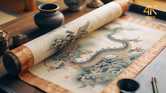 中国风古画卷轴 龙的国画 工笔画精致文物
