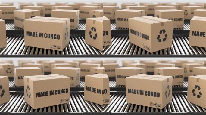 滚筒输送机上印有刚果制造字样的纸板箱。工厂生产线仓库。制造出口或交付概念。3D渲染动画。无缝循环