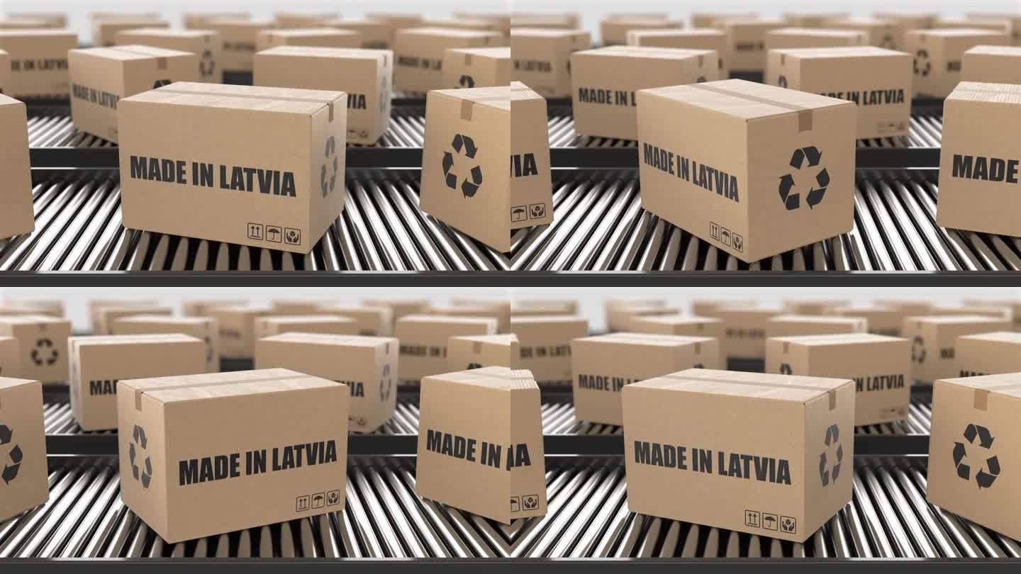 带有拉脱维亚制造文字的纸箱在滚筒输送机上。工厂生产线仓库。制造出口或交付概念。3D渲染动画。无缝循环