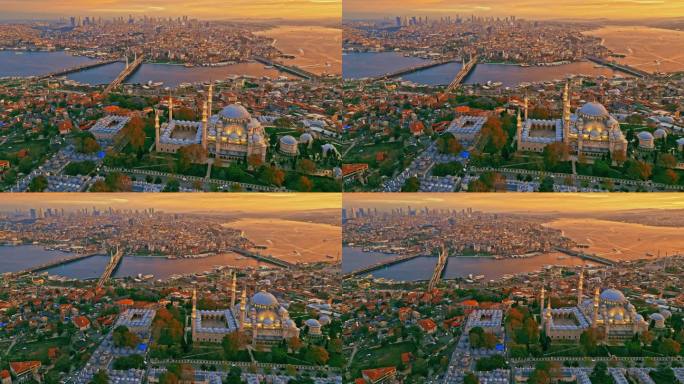 航拍伊斯坦布尔的日落交响曲:<s:1> leymaniye清真寺在日落时优雅地升起在城市之上#Cit