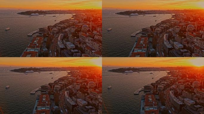 博斯普鲁斯海峡上空的空中黄昏揭晓:从上面探索伊斯坦布尔海岸线上隐藏的宝石#无人机发现#城市黄昏#伊斯
