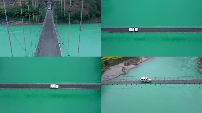 怒江峡谷桥梁车辆通行航拍视频