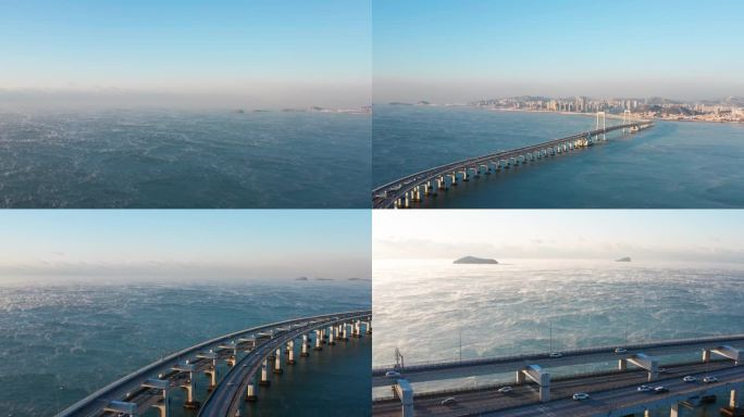 航拍大连星海跨海大桥海雾海浩星海