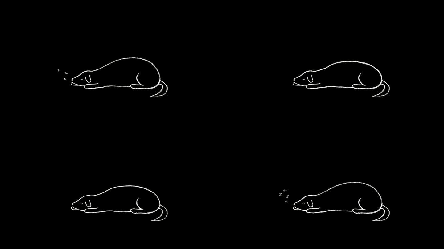 可爱的小狗熟睡，黑色背景绘制2D动画