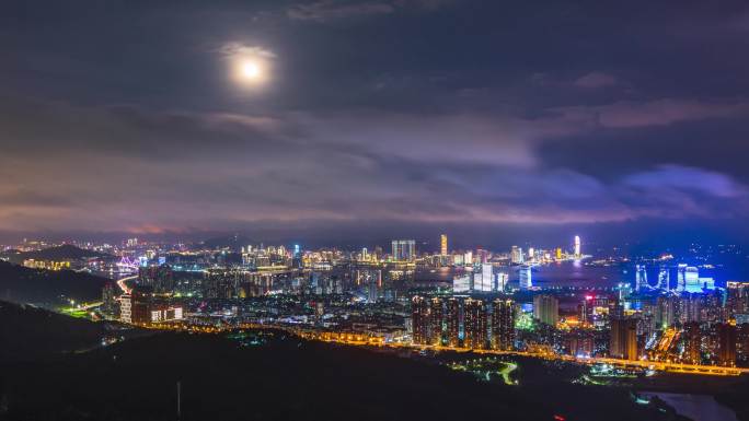 厦门海沧城市夜景月升延时摄影