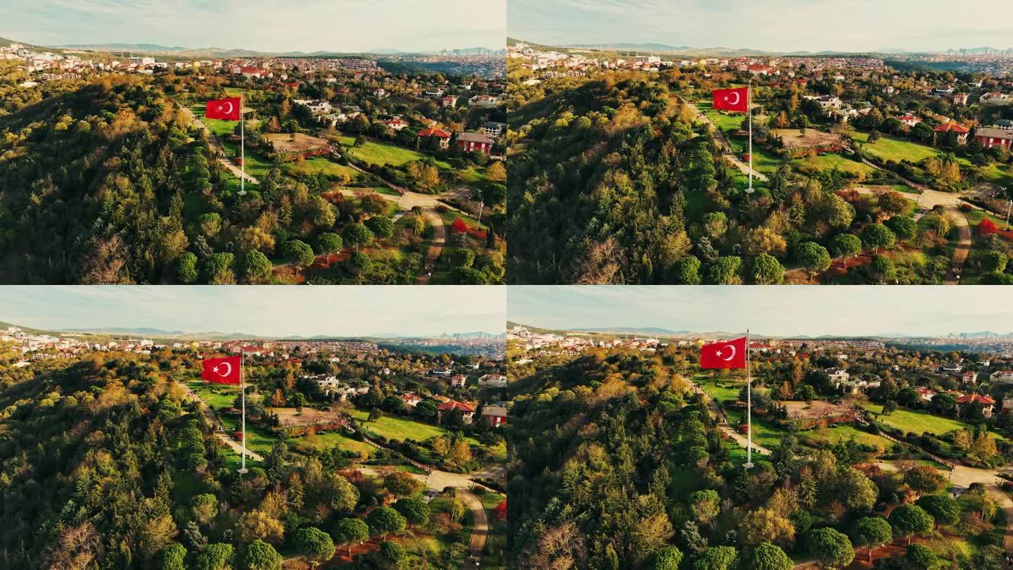 空中爱国的高度:土耳其国旗高高飘扬在Çaml¹ca山在白天#Çaml¹国旗#DroneCapture