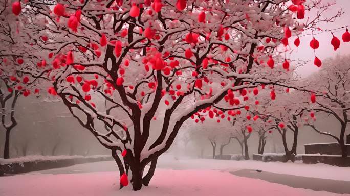 过年氛围红色灯笼积雪新年