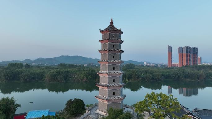 惠东县西枝江航拍青龙潭塔日落风景黄昏夕阳