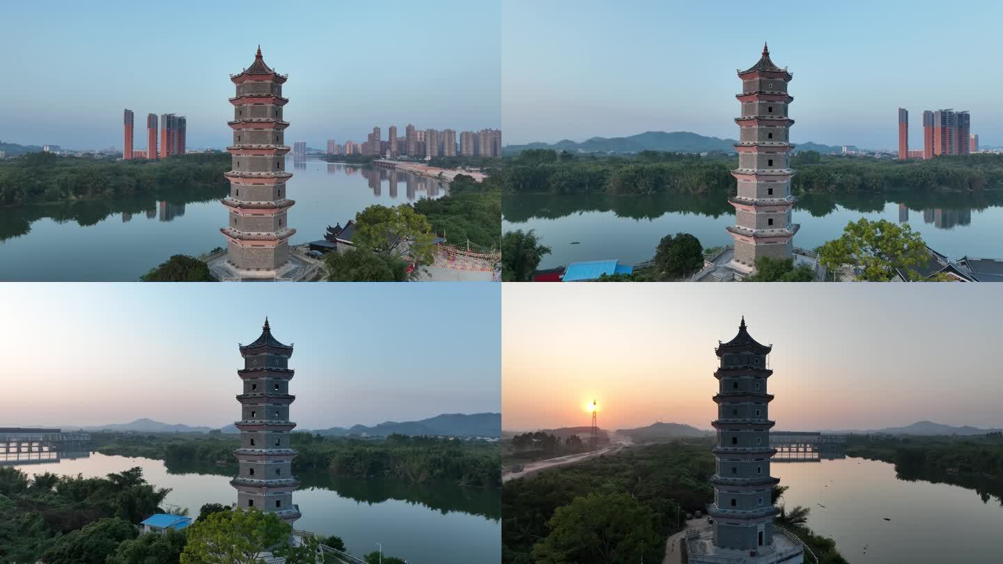 惠东县西枝江航拍青龙潭塔日落风景黄昏夕阳