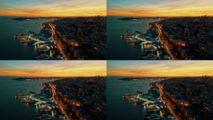 黄昏时分的空中博斯普鲁斯海峡:从上面探索伊斯坦布尔海岸线上隐藏的宝石#无人机发现#城市黄昏#伊斯坦布