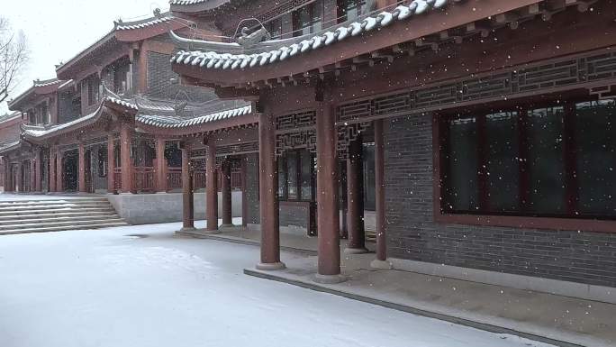 下雪飘雪花古建筑街景素材