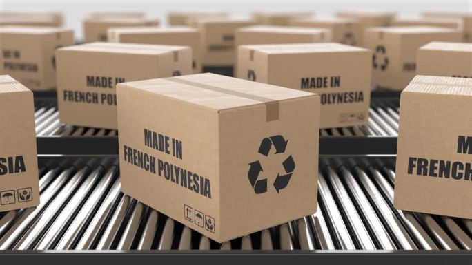 带有法属波利尼西亚制造文字的纸箱在滚筒输送机上。工厂生产线仓库。制造出口或交付概念。3D渲染动画。无