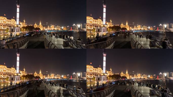 上海外滩夜景人来人往延时摄影素材