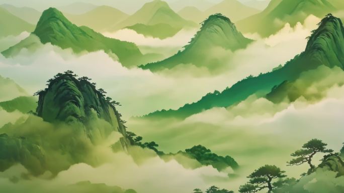 中国水墨画绿色调 国潮风国画中国山水画