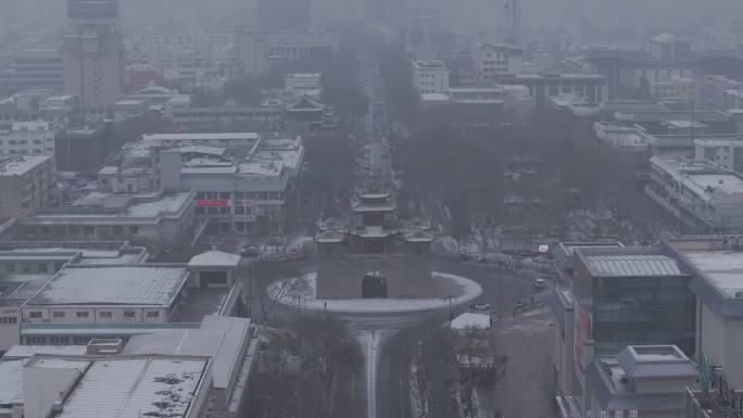宁夏银川玉皇阁鼓楼解放街南门广场雪景航拍