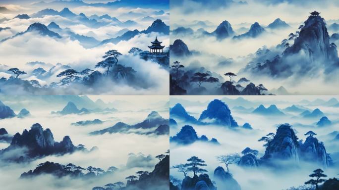 中国水墨画蓝色调 国潮风国画中国山水画