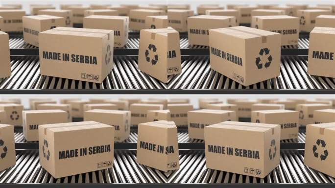 带有塞尔维亚制造文字的纸箱在滚筒输送机上。工厂生产线仓库。制造出口或交付概念。3D渲染动画。无缝循环