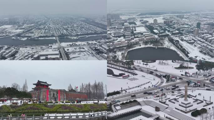 荆州古城2024年第一场雪城市雪景航拍2