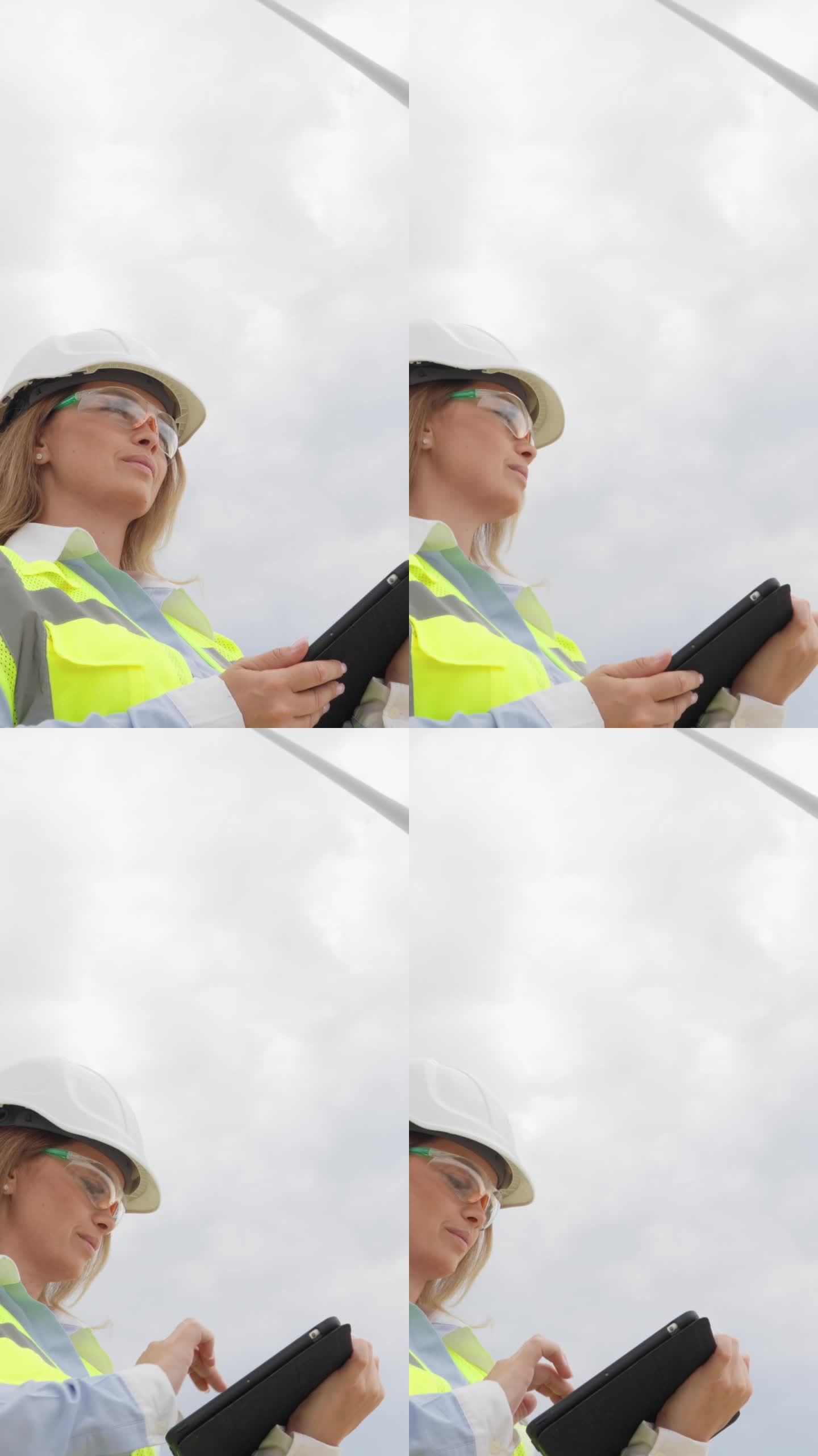 垂直视频能源革命:一位女科学家带着一台数字平板电脑在风车旁研究可再生能源。一位女工程师与她的平板电脑