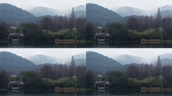 阴雨天的西湖浴鹄湾远山云雾