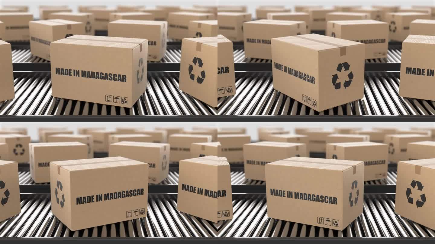 带有马达加斯加制造文字的纸箱在滚筒输送机上。工厂生产线仓库。制造出口或交付概念。3D渲染动画。无缝循