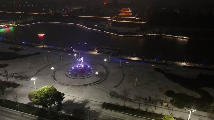 荆州古城2024年第一场雪城市夜景航拍