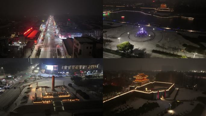 荆州古城2024年第一场雪城市夜景航拍
