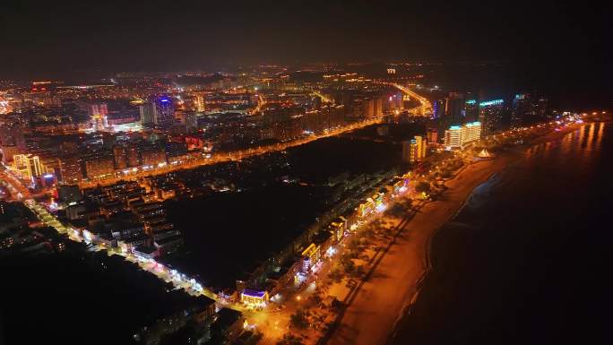 航拍威海海边城市夜景