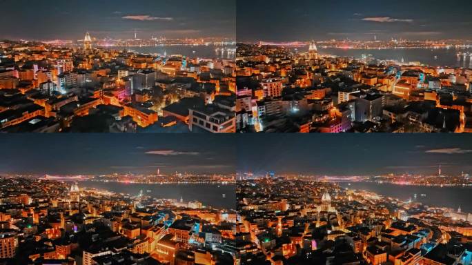 空中鸟瞰加拉塔和周围伊斯坦布尔城市魅力的夜晚#伊斯坦布尔夜生活#无人机视角#体育场宁静#城市景观