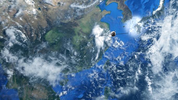 探测导航卫星穿越云层冲击地球俯冲城市4K