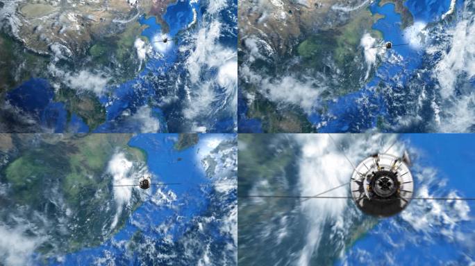 探测导航卫星穿越云层冲击地球俯冲城市4K