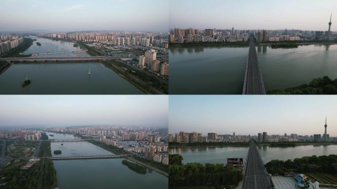 河南洛阳洛河清晨桥梁交通航拍