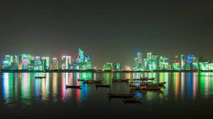 杭州城市阳台建筑群灯光秀延时摄影