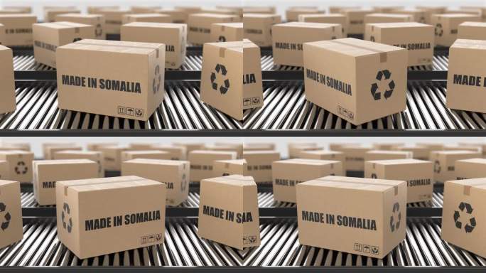 带有索马里制造文字的纸箱在滚筒输送机上。工厂生产线仓库。制造出口或交付概念。3D渲染动画。无缝循环