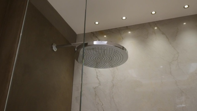 高档浴室设有热带淋浴。大型不锈钢头安装在墙上抛光大理石与自然的静脉图案。玻璃防护门