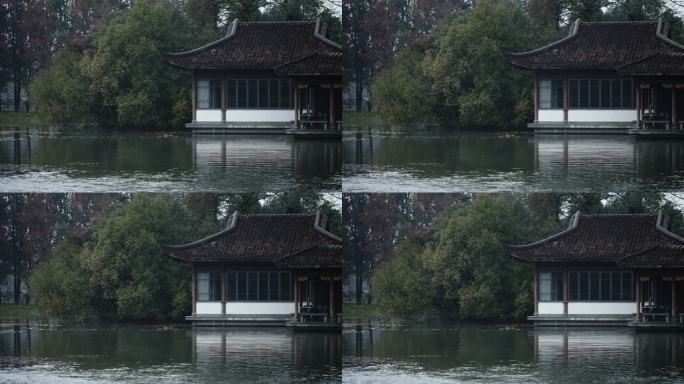 阴雨天的西湖浴鹄湾亭子