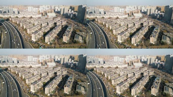 从空中俯瞰，中国山东省临沂市的一个居民区，体现了现代化、城市化和城市地区迅速扩张的原则。