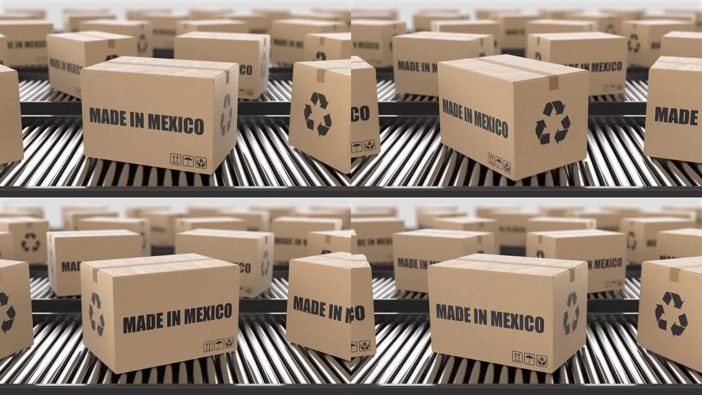 纸板箱与墨西哥制造的文字在滚筒输送机上。工厂生产线仓库。制造出口或交付概念。3D渲染动画。无缝循环