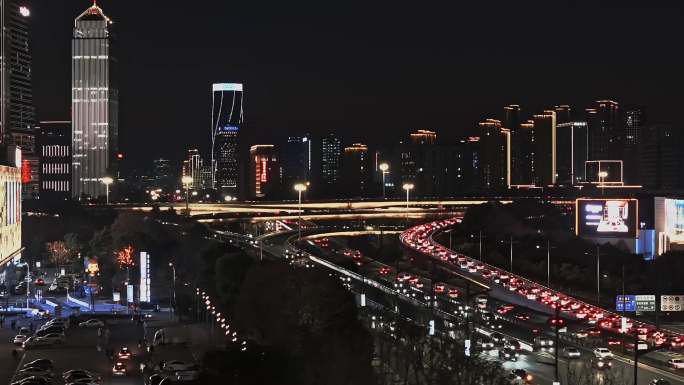 航拍杭州滨江区江南大道城市高楼夜景大片