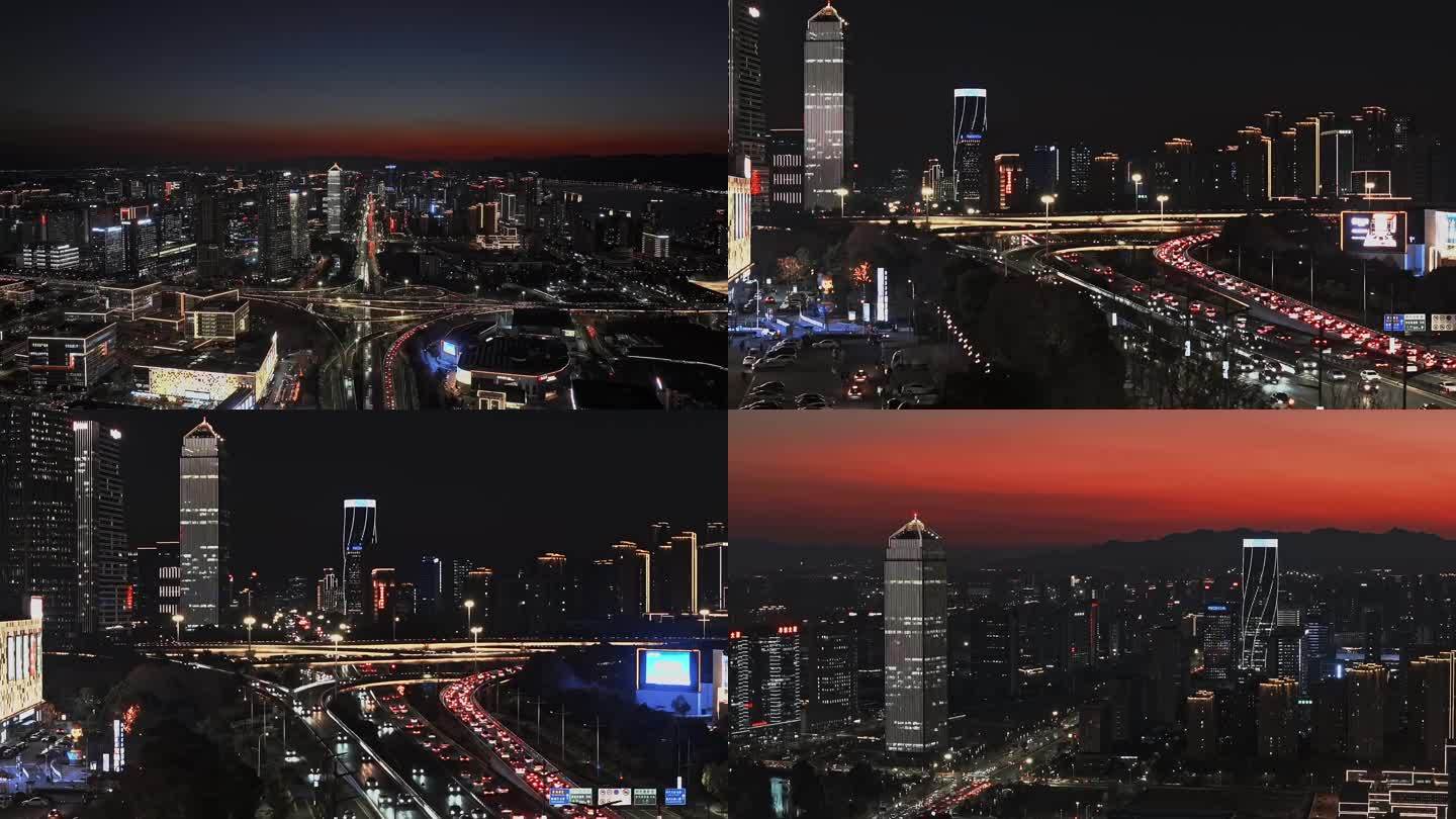 航拍杭州滨江区江南大道城市高楼夜景大片