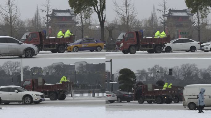荆州古城环卫马路撒盐应急应对城市道路积雪