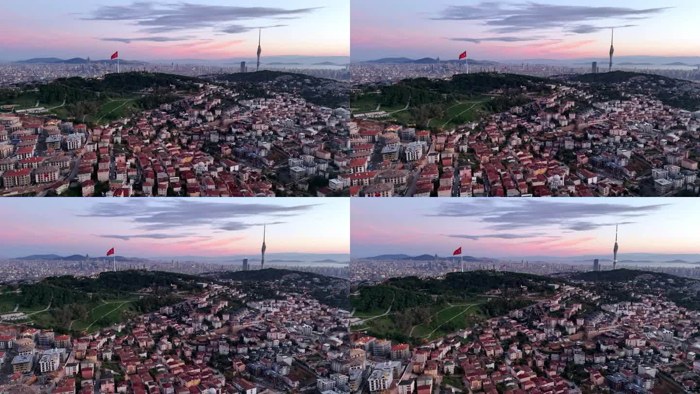黄昏的拥抱:揭开Üsküdar周围迷人的地区Çaml¹ca山与土耳其国旗和Çaml¹ca塔剪影#Üs