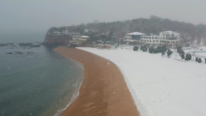 航拍大连付家庄大海海边下雪冬天雪天八一路