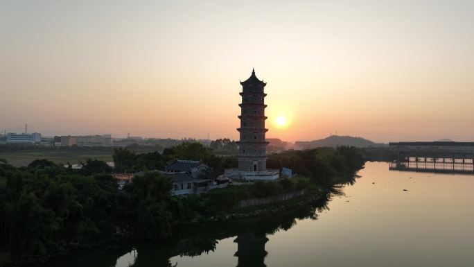 惠东县西枝江航拍青龙潭塔日落风景黄昏夕阳