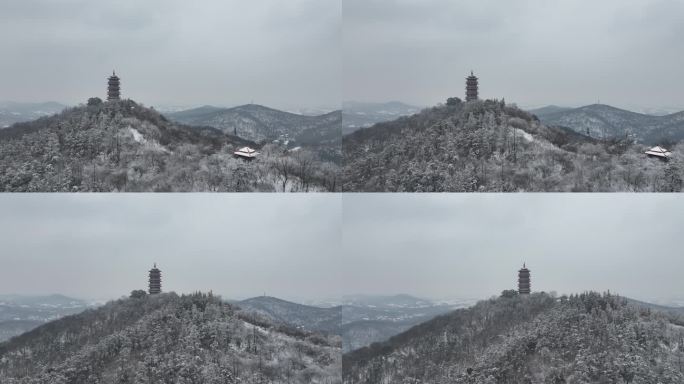 航拍襄阳古隆中风景区隆中山腾龙阁冬天雪景