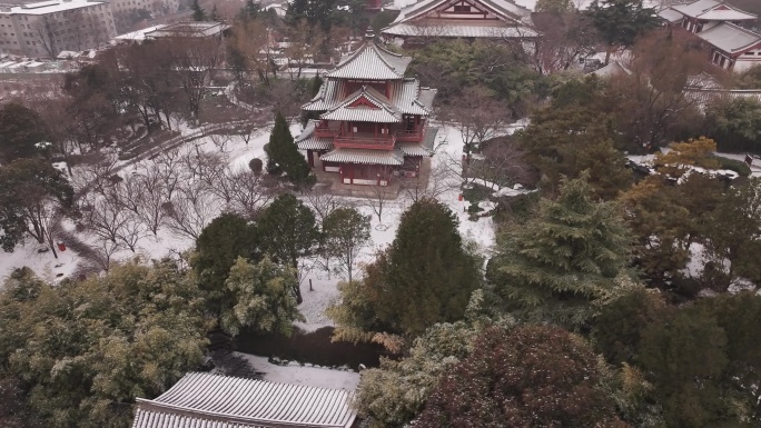 西安地标青龙寺古建筑景区文旅宣传雪景航拍