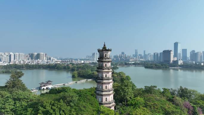 惠州西湖景区航拍惠州西湖泗洲塔湖泊风景